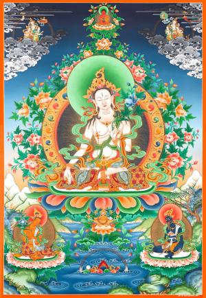 Original Hand-painted traditional style White Tara with Boddhisattvas Thangka